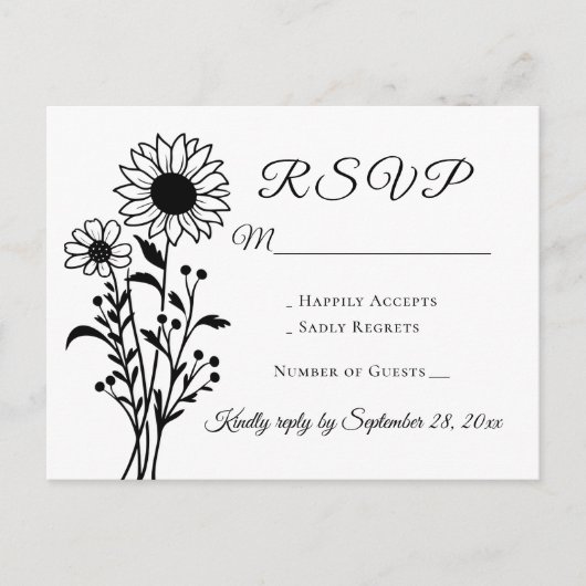 Zonnebloem Zwart Wit Bloemen Huwelijk RSVP Uitnodiging Briefkaart (Voorkant)