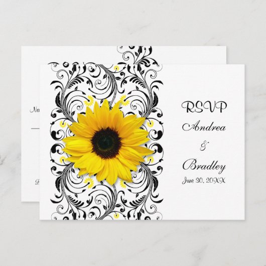 Zonnebloem Zwart & Wit Bloemen RSVP Briefkaart (Voorkant / Achterkant)