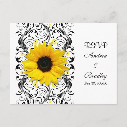 Zonnebloem Zwart & Wit Bloemen RSVP Briefkaart (Voorkant)