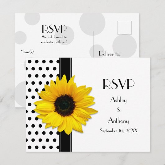 Zonnebloem Zwart Wit Polka Dot RSVP Briefkaart (Voorkant / Achterkant)
