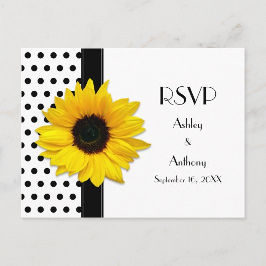 Zonnebloem Zwart Wit Polka Dot RSVP Briefkaart (Voorkant)