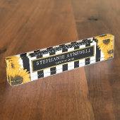 Zonnebloem Zwart Wit Strepen Goud Gepersonaliseerd Naambordje (Zijkant)