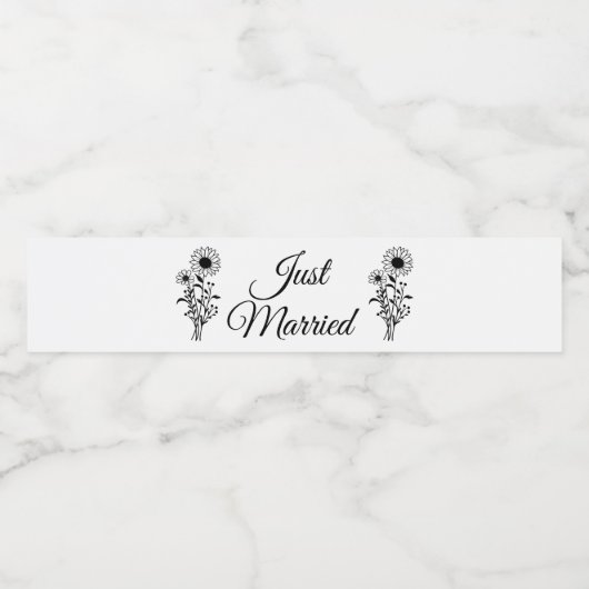 Zonnebloem zwart witte bloem net getrouwd bruiloft waterfles etiket (Enkel label)