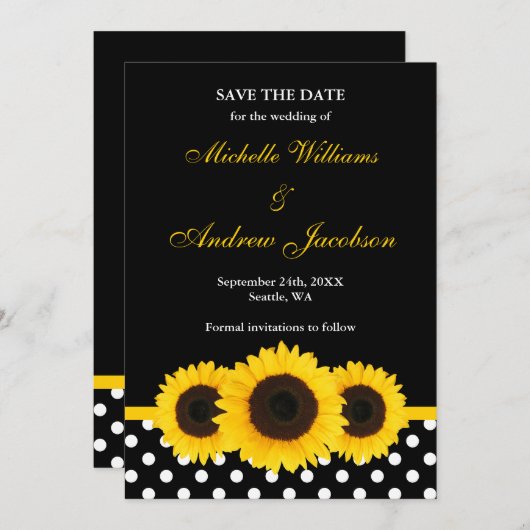Zonnebloem Zwarte en Witte poka Dot Sparen de Datu Save The Date (Voorkant / Achterkant)