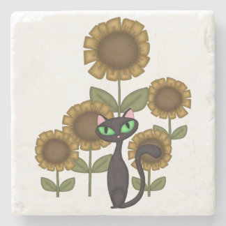 Zonnebloem Zwarte Kat Stenen Onderzetter