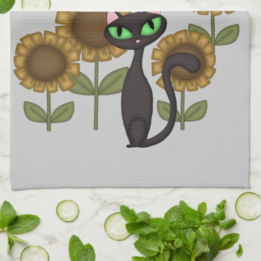 Zonnebloem Zwarte Kat Theedoek (Gevouwen)