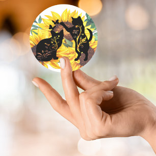 Zonnebloem Zwarte Katten Waterverf Bloemen Ronde Sticker