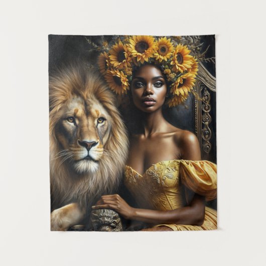 Zonnebloem Zwarte Vrouw Met Leeuw Wandkleed (Voorkant)