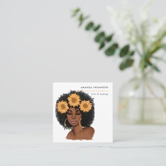 Zonnebloem Zwarte Woman Hair Stylist Vierkante Visitekaartje (Staand voorkant)