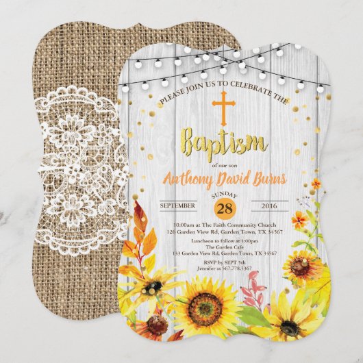 Zonnebloembaptisme-uitnodiging, bijtende houtschoo kaart (Voorkant / Achterkant)