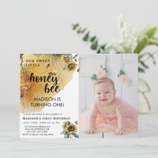 zonnebloembij | Foto Verjaardag uitnodiging (Staand voorkant)