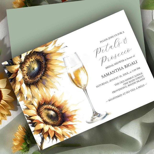 Zonnebloemblaadjes & Prosecco Vrijgezellenfeest Ui (Bridal shower invitations watercolor sunflowers and Prosecco by Victoria Grigaliunas DoTellABelle)