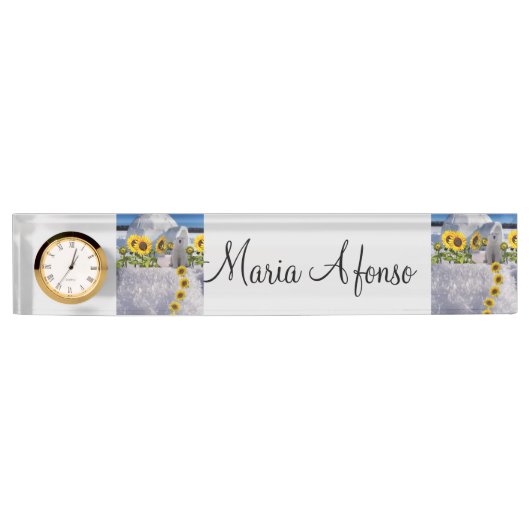 Zonnebloemblad met Beer op een bureau Naambordje (Voorkant)