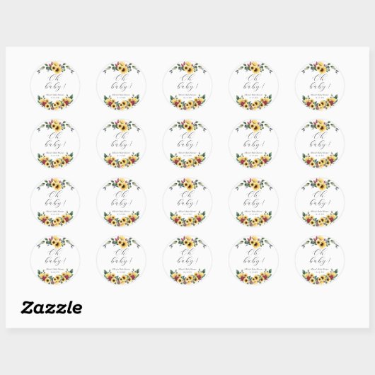 Zonnebloembladeren Baby shower Ronde Sticker (Vel)
