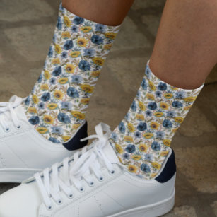 Zonnebloemblauw bloemflespatroon sokken