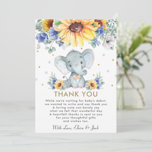 Zonnebloemblauw Floral Elephant Boy Baby shower   Bedankkaart (Staand voorkant)
