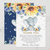 Zonnebloemblauw Floral Elephant Boy Baby shower   Bedankkaart (Voorkant / Achterkant)