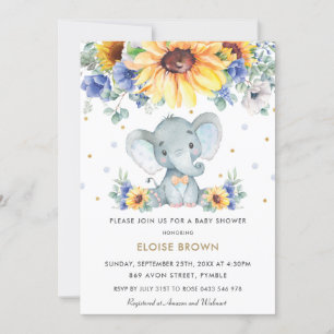 Zonnebloemblauw Floral Elephant Boy Baby shower   Kaart