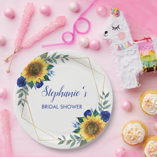 Zonnebloemblauw Floral Geometric Vrijgezellenfeest Papieren Bordje (Feest)