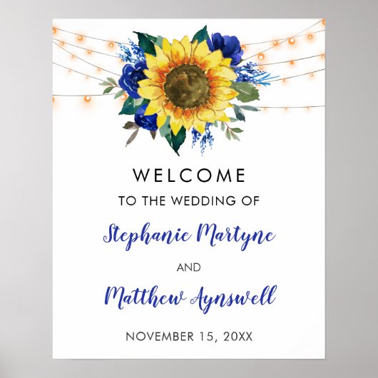 Zonnebloemblauw Floral String Lights Wedding Poster (Voorkant)