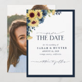 Zonnebloemblauw Manuscript Foto Weduwen sparen de  Save The Date (Voorkant / Achterkant)