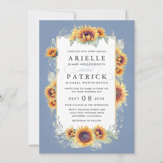 Zonnebloemblauwe Waterverf Rustic Thereed Wedding Kaart (Voorkant)