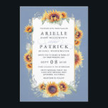 Zonnebloemblauwe Waterverf Rustic Thereed Wedding Kaart<br><div class="desc">Het ontwerp is voorzien van een waterverf leisteen/periwinkle/dusty of een soortgelijke blauwe achtergrond met waterverf zonnebloemen,  groen en meer met een gouden rand.</div>