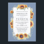 Zonnebloemblauwe Waterverf Rustic Thereed Wedding Kaart<br><div class="desc">Het ontwerp is voorzien van een waterverf leisteen/periwinkle/dusty of een soortgelijke blauwe achtergrond met waterverf zonnebloemen,  groen en meer met een gouden rand.</div>