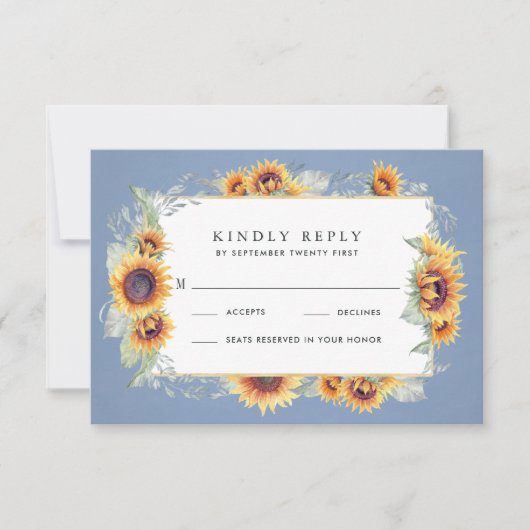 Zonnebloemblauwe Waterverf Rustic Thereed Wedding RSVP Kaartje (Voorkant)