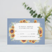 Zonnebloemblauwe Waterverf Rustic Thereed Wedding RSVP Kaartje (Staand voorkant)