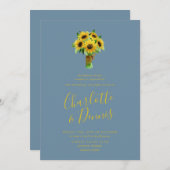 Zonnebloemboeket en blos blauwe bruiloft kaart (Voorkant / Achterkant)