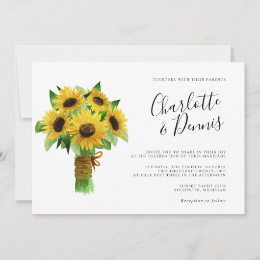 Zonnebloemboeket en marineblauwe horizontale bruil kaart (Voorkant)