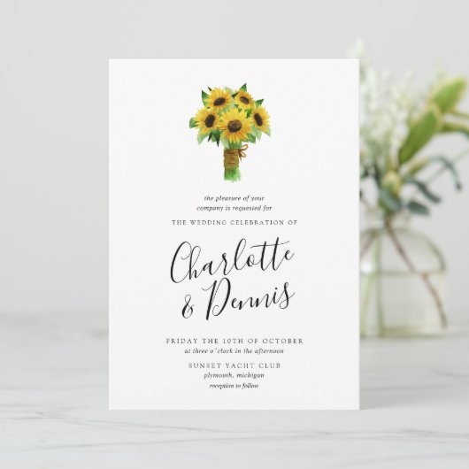 Zonnebloemboeket en marinebruiloft kaart (Staand voorkant)