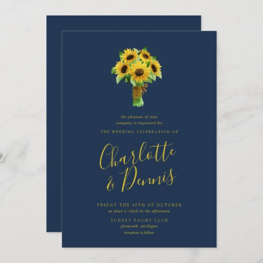 Zonnebloemboeket en marinebruiloft kaart (Voorkant / Achterkant)