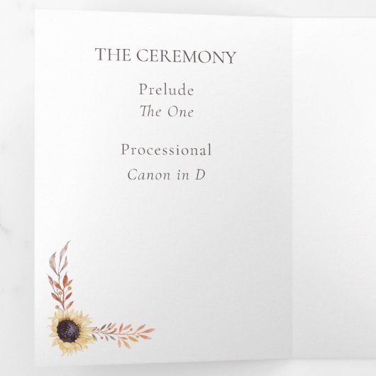 Zonnebloemboeket Gevouwen Huwelijksprogramma Drieluik Kaart (Binnenzijde eerst)