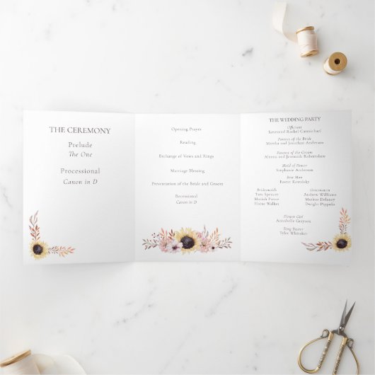 Zonnebloemboeket Gevouwen Huwelijksprogramma Drieluik Kaart (Binnen)