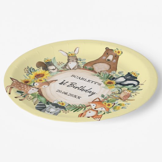 Zonnebloembos Bosdieren Baby Birthday Papieren Bordje (Gekanteld)