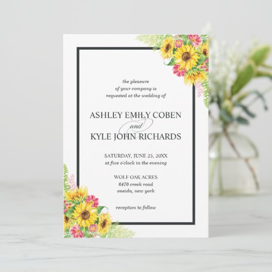 Zonnebloembruidingsuitnodiging met roze bloemen kaart (Staand voorkant)