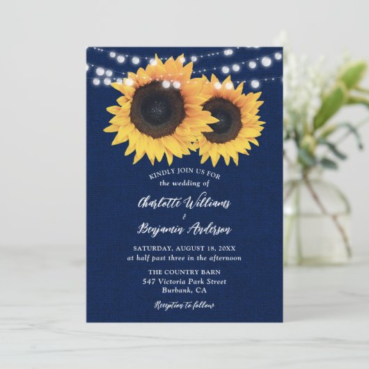 Zonnebloembruiloft van Navy Blue Burlap Kaart (Staand voorkant)