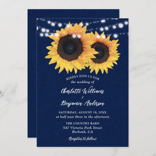 Zonnebloembruiloft van Navy Blue Burlap Kaart (Voorkant / Achterkant)