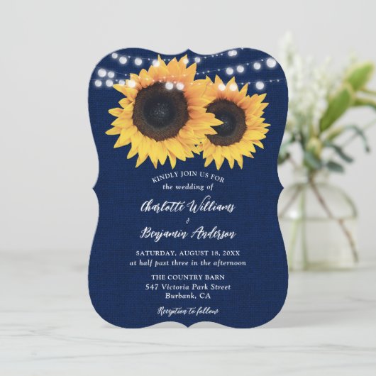 Zonnebloembruiloft van Navy Blue Burlap Kaart (Staand voorkant)