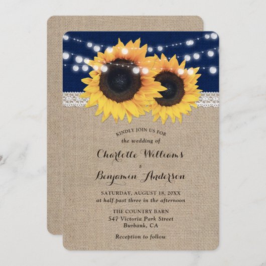 Zonnebloembruiloft van Navy Blue Burlap Kaart (Voorkant / Achterkant)