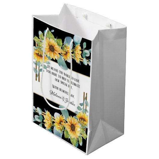 Zonnebloembruiloft voor welkomstcadeau/zwart medium cadeauzakje (Voorkant Gekanteld)