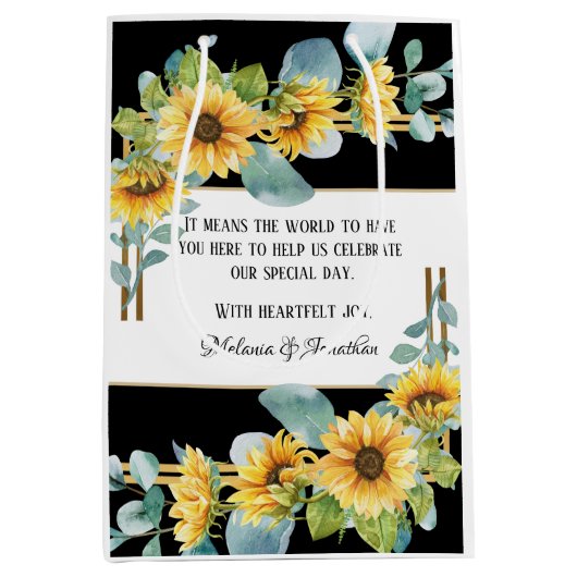 Zonnebloembruiloft voor welkomstcadeau/zwart medium cadeauzakje (Voorkant)