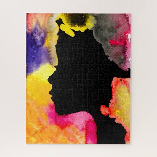 Zonnebloemdame silhouette waterverf legpuzzel (Verticaal)
