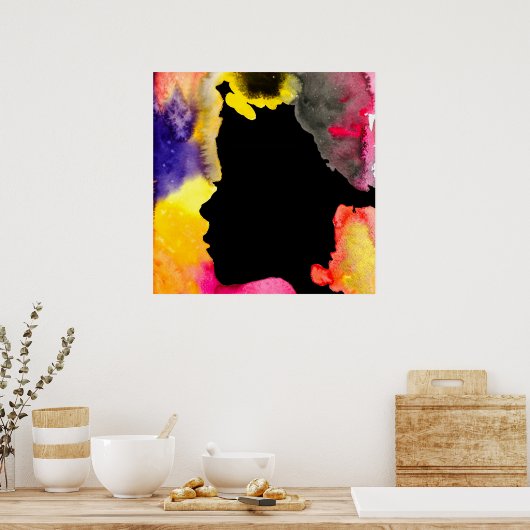 Zonnebloemdame silhouette waterverf poster (Keuken)