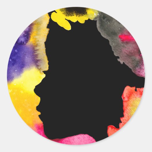 Zonnebloemdame silhouette waterverf ronde sticker (Voorkant)