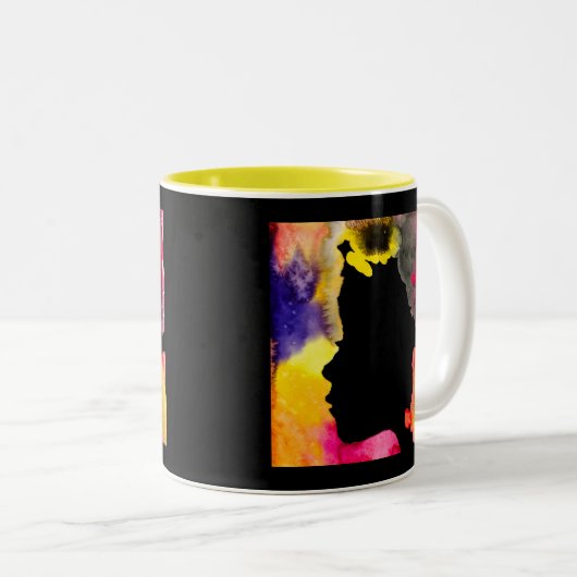 Zonnebloemdame silhouette waterverf tweekleurige koffiemok (Voorkant rechts)