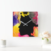 Zonnebloemdame silhouette waterverf vierkante klok (Huis)
