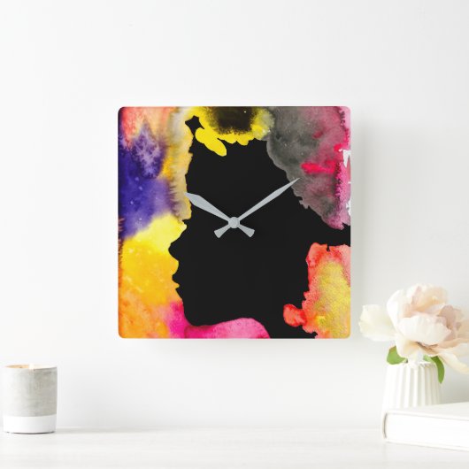 Zonnebloemdame silhouette waterverf vierkante klok (Huis)